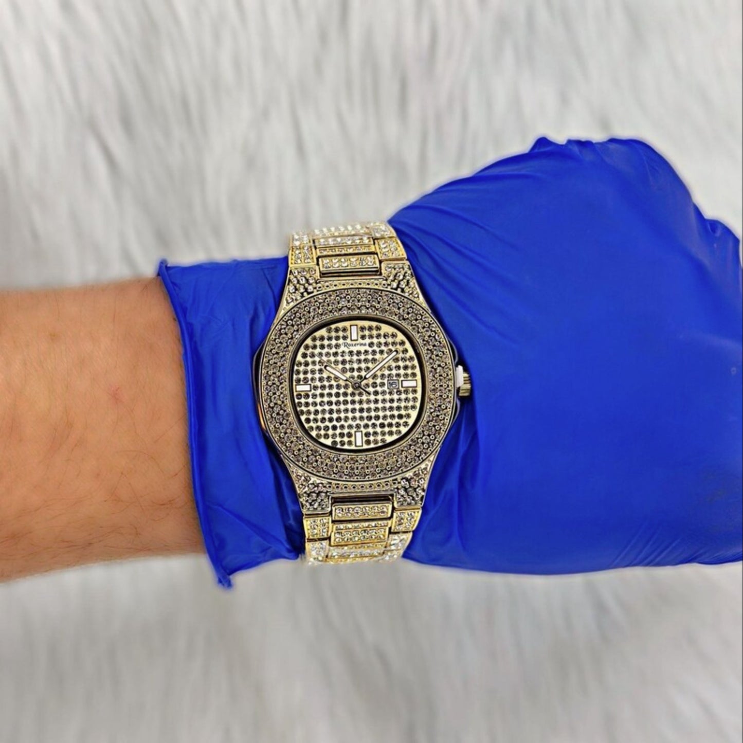 Men's 925 Silver Gold Finish Watch Iced-Out