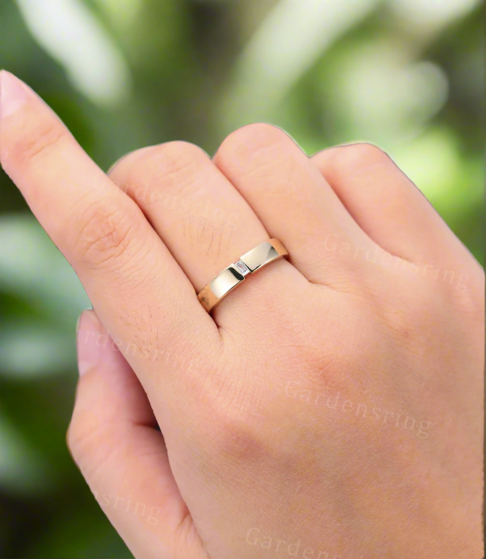 Solid 14K Gold moissanite wedding band Baguette cut- men's ring Diamond wedding band