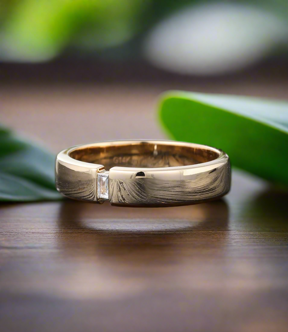 Solid 14K Gold moissanite wedding band -Baguette cut men's ring Diamond wedding band