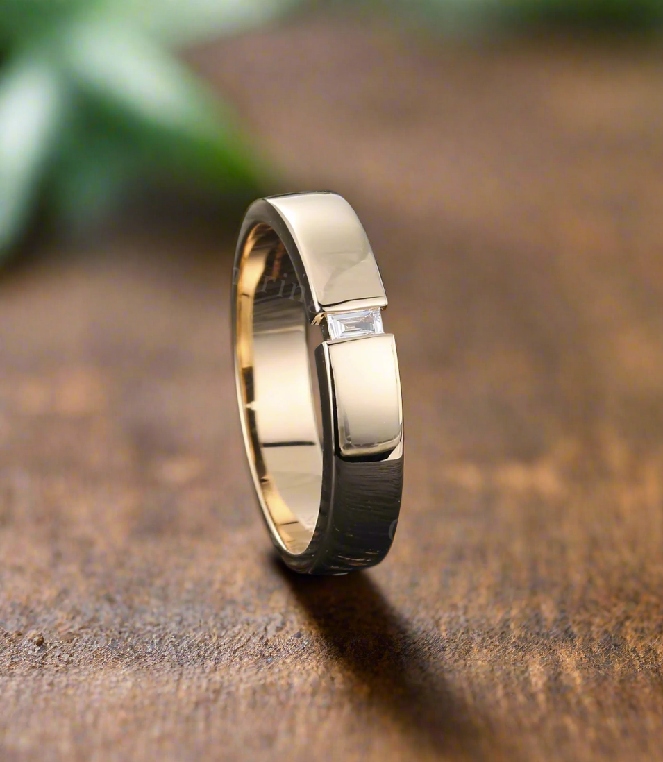 Solid 14K Gold moissanite wedding band Baguette cut men's ring -Diamond wedding band