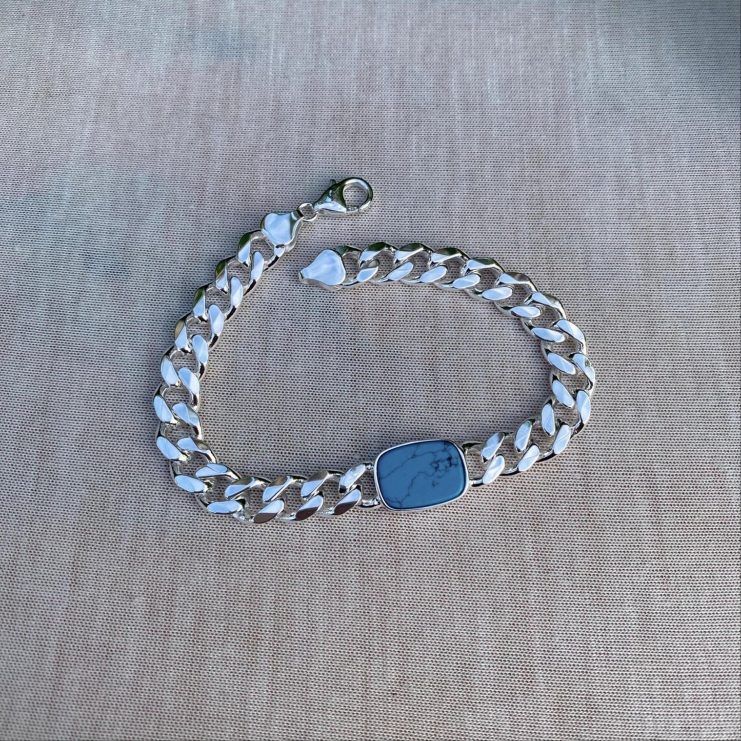 12mm Heavy Curb Silver Bracelet - Turquoise Bracelet
