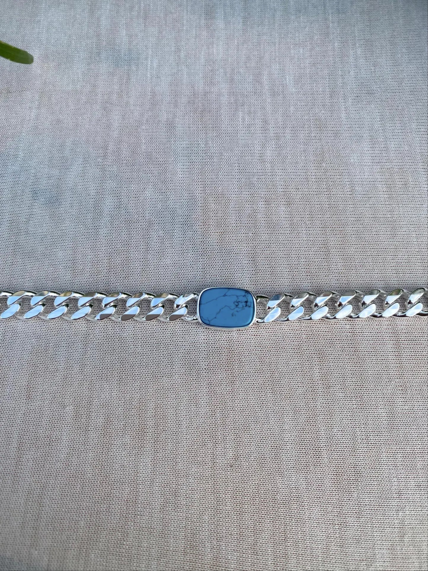 12mm Heavy Curb Silver Bracelet - Turquoise Bracelet