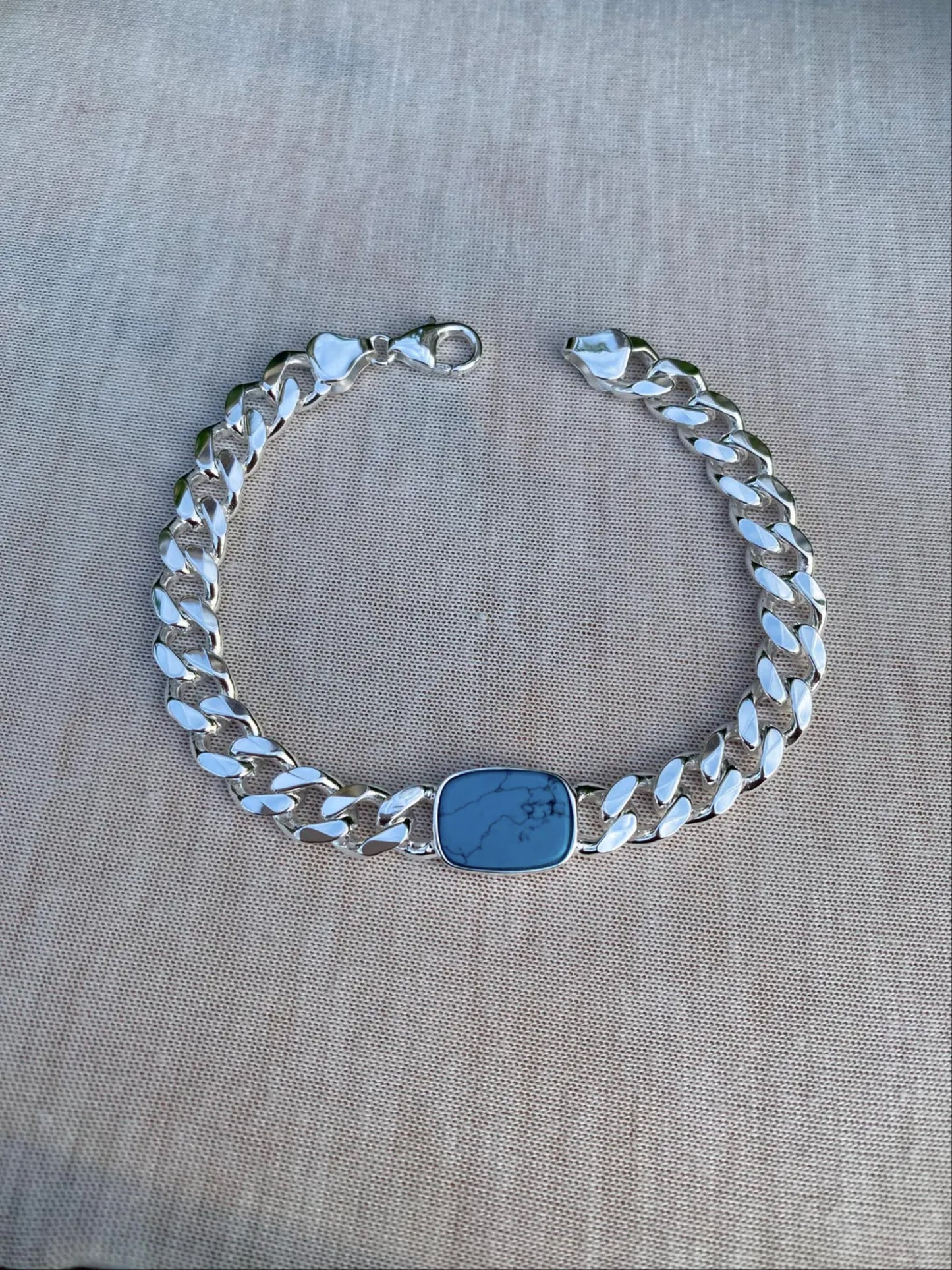 12mm Heavy Curb Silver Bracelet - Turquoise Bracelet