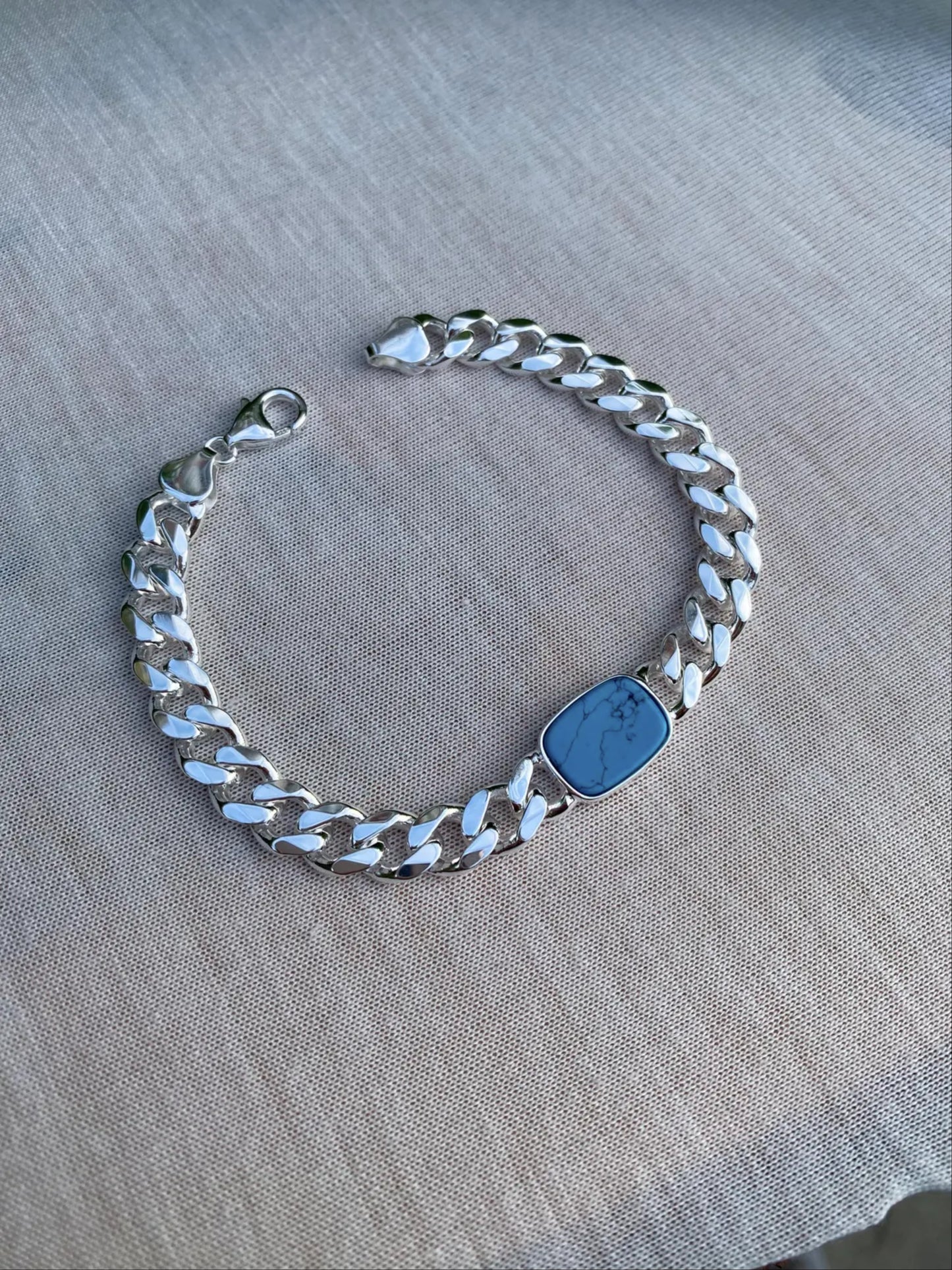 12mm Heavy Curb Silver Bracelet - Turquoise Bracelet