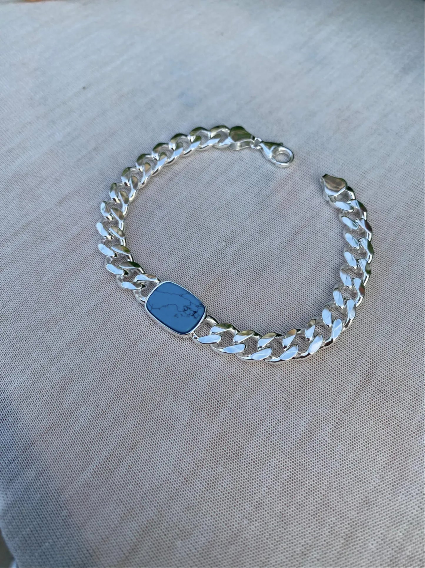 12mm Heavy Curb Silver Bracelet - Turquoise Bracelet