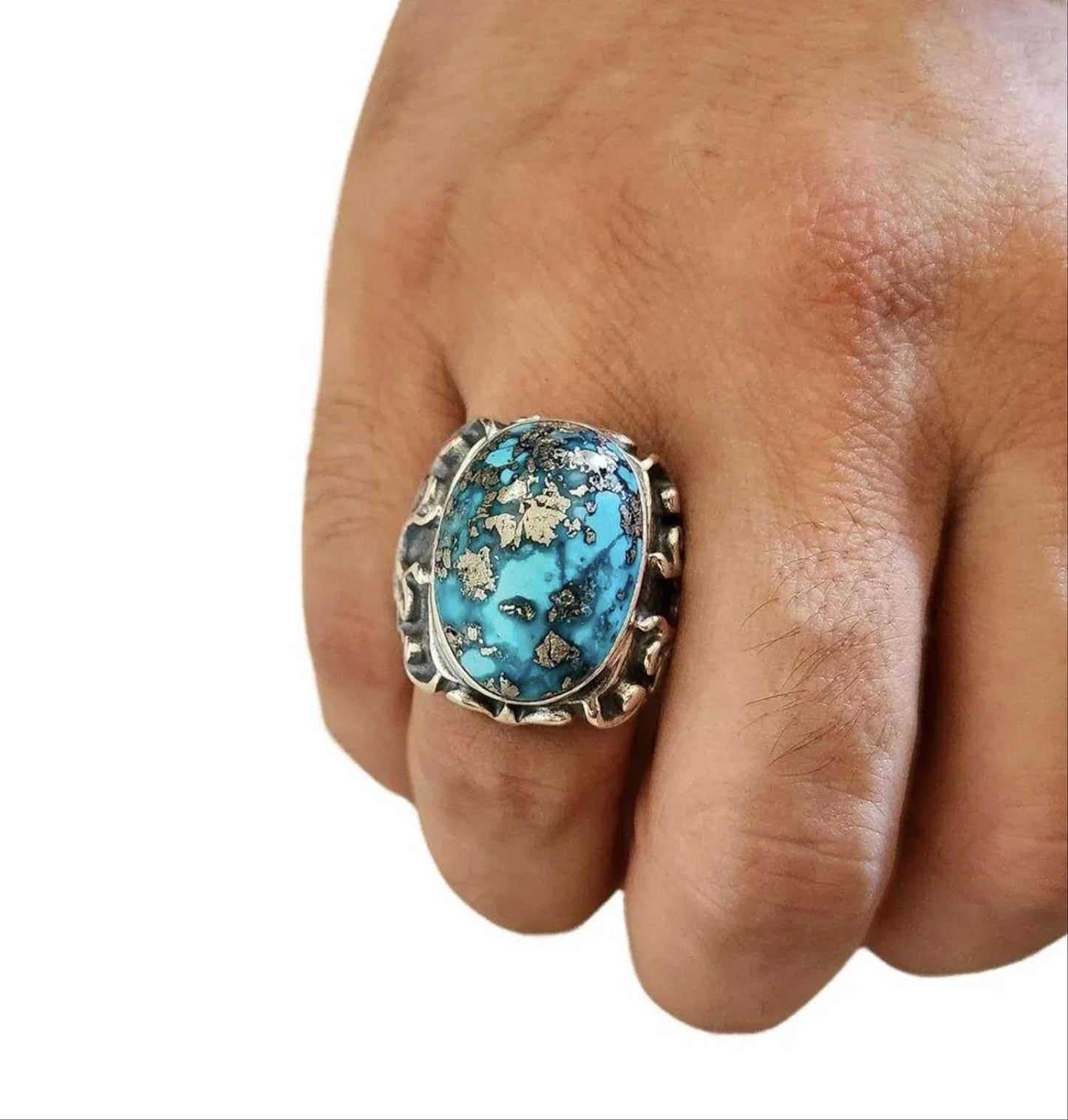 Handmade Turquoise Ring in 925 Sterling Silver - Forged Band,Oxidised Band - Textured Band