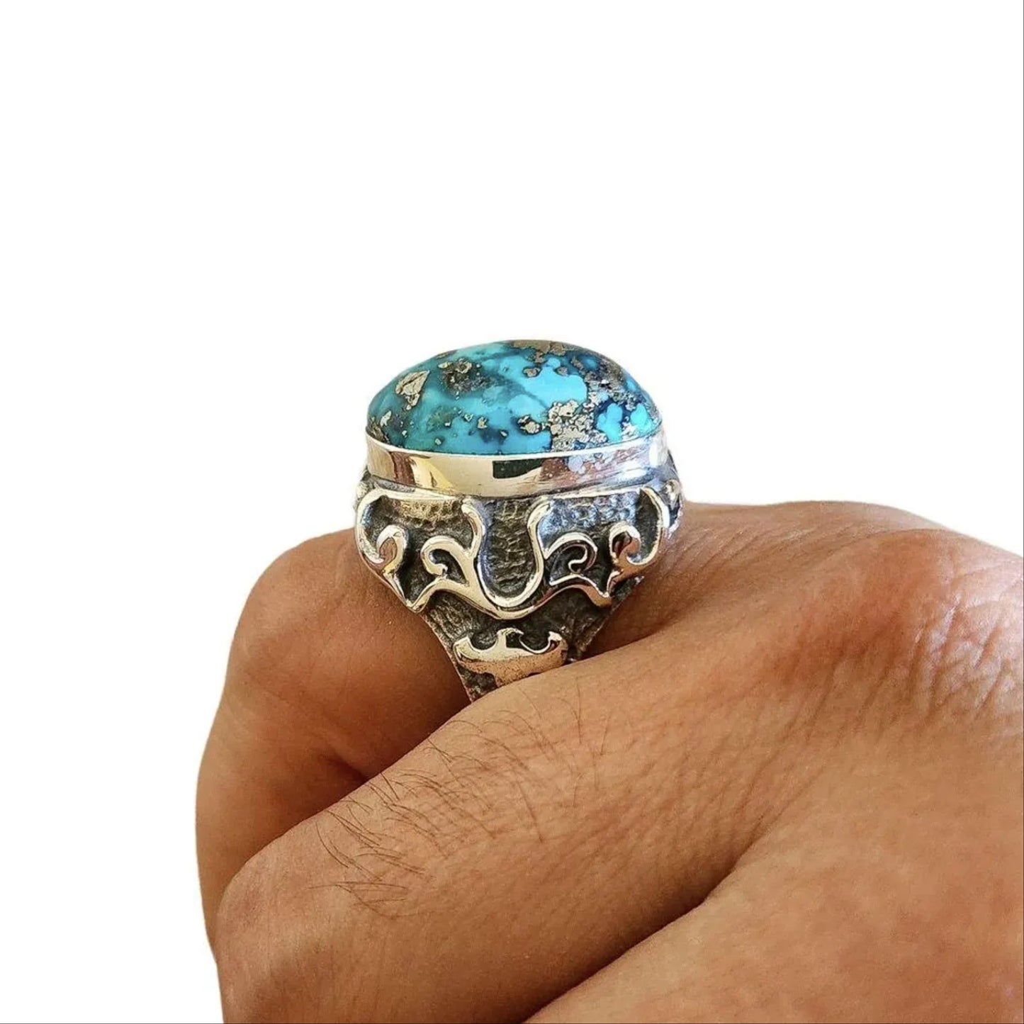 Handmade Turquoise Ring in 925 Sterling Silver - Forged Band,Oxidised Band - Textured Band