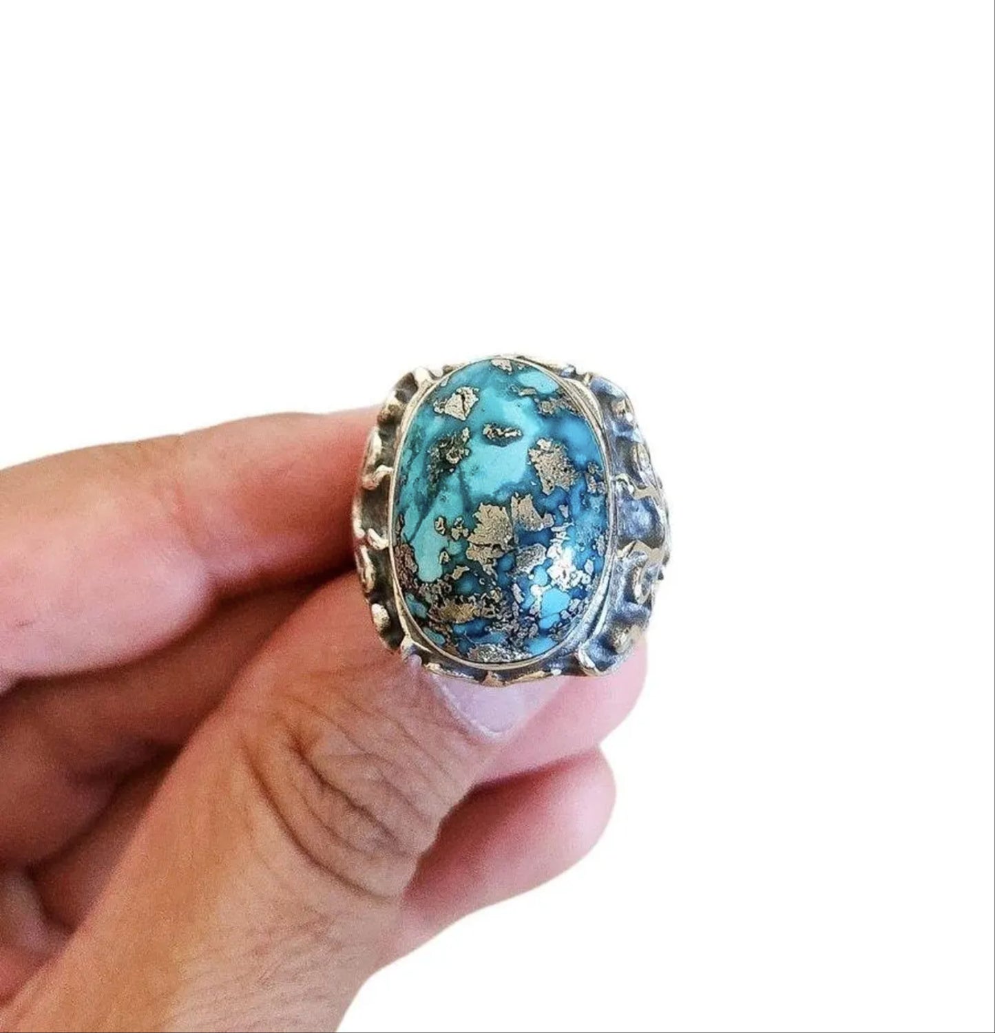 Handmade Turquoise Ring in 925 Sterling Silver - Forged Band,Oxidised Band - Textured Band