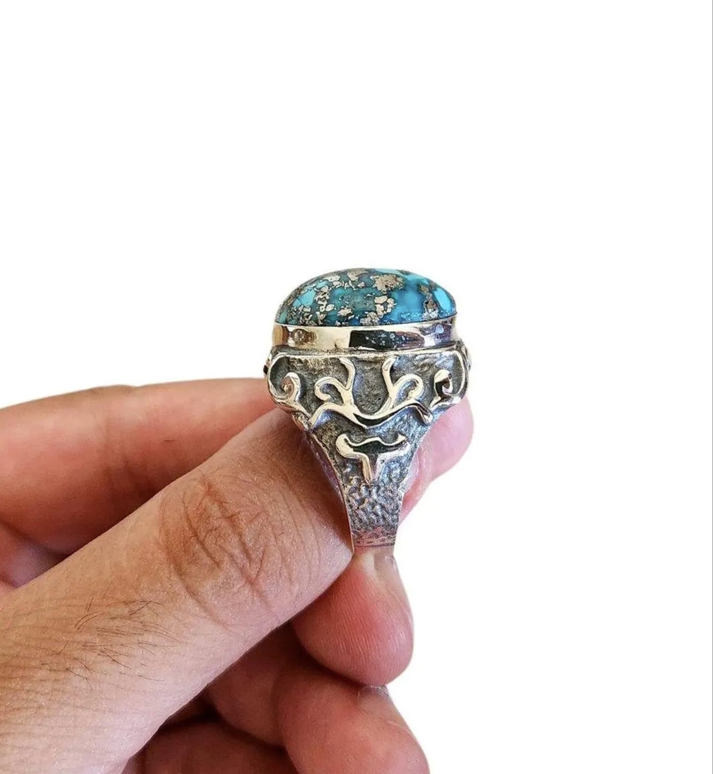 Handmade Turquoise Ring in 925 Sterling Silver - Forged Band,Oxidised Band - Textured Band