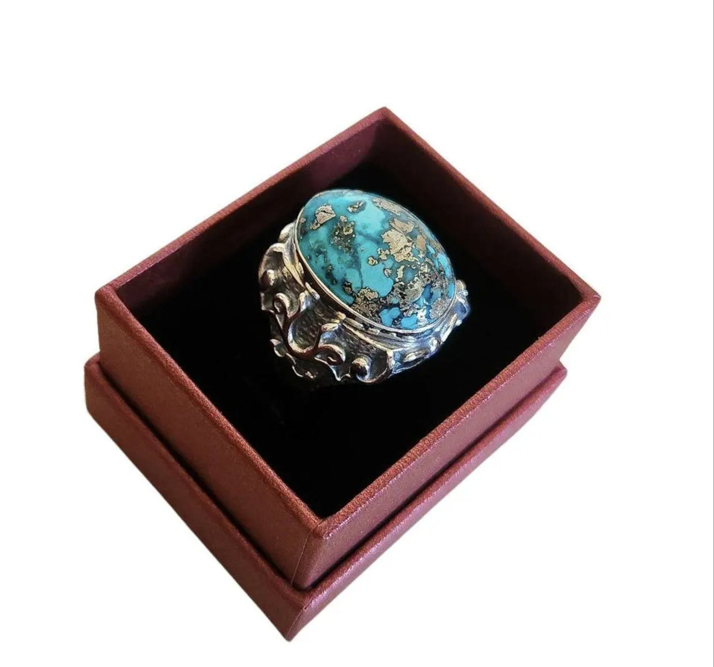 Handmade Turquoise Ring in 925 Sterling Silver - Forged Band,Oxidised Band - Textured Band