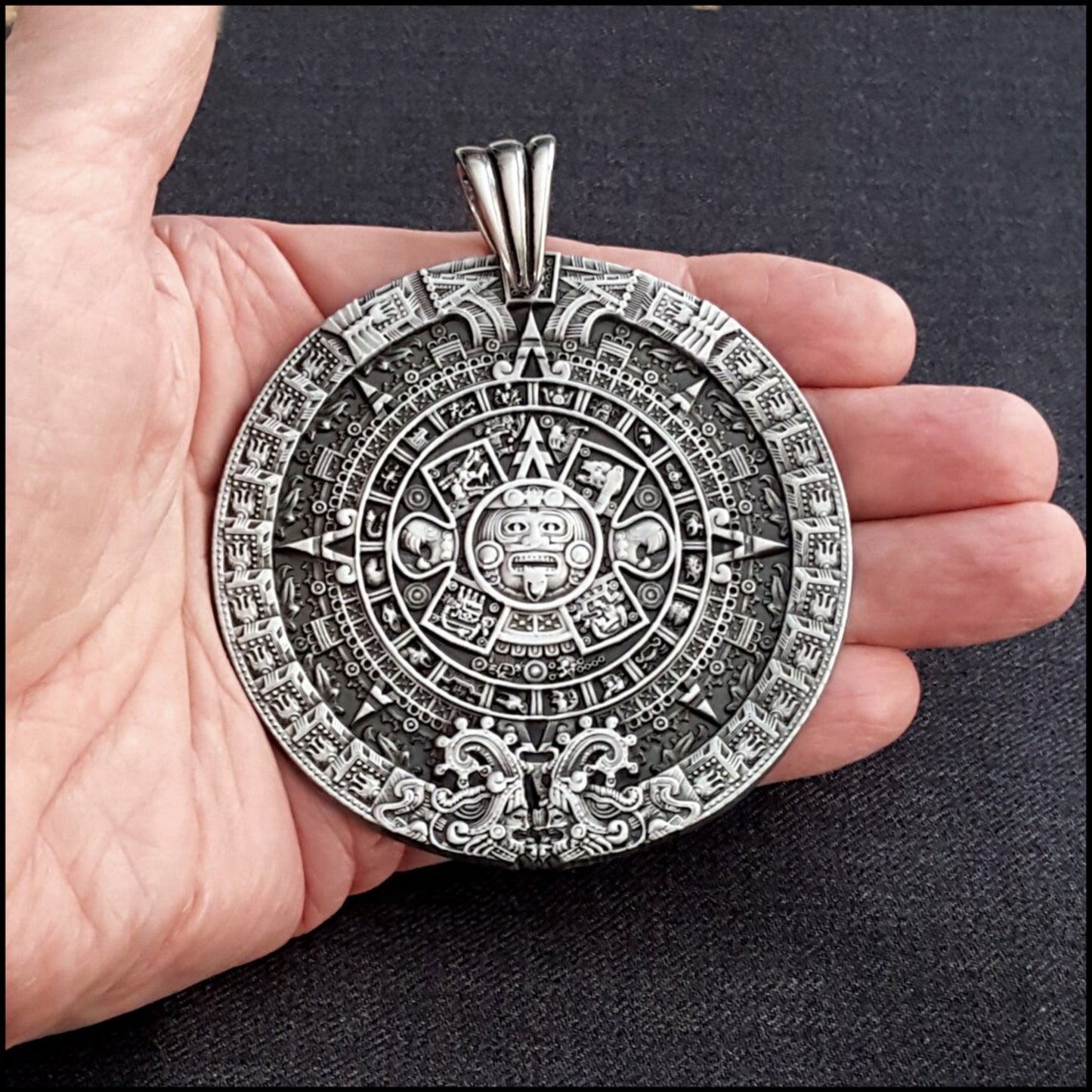 Large Heavy Silver Aztec Calendar Mayan Sun Charm Pendant