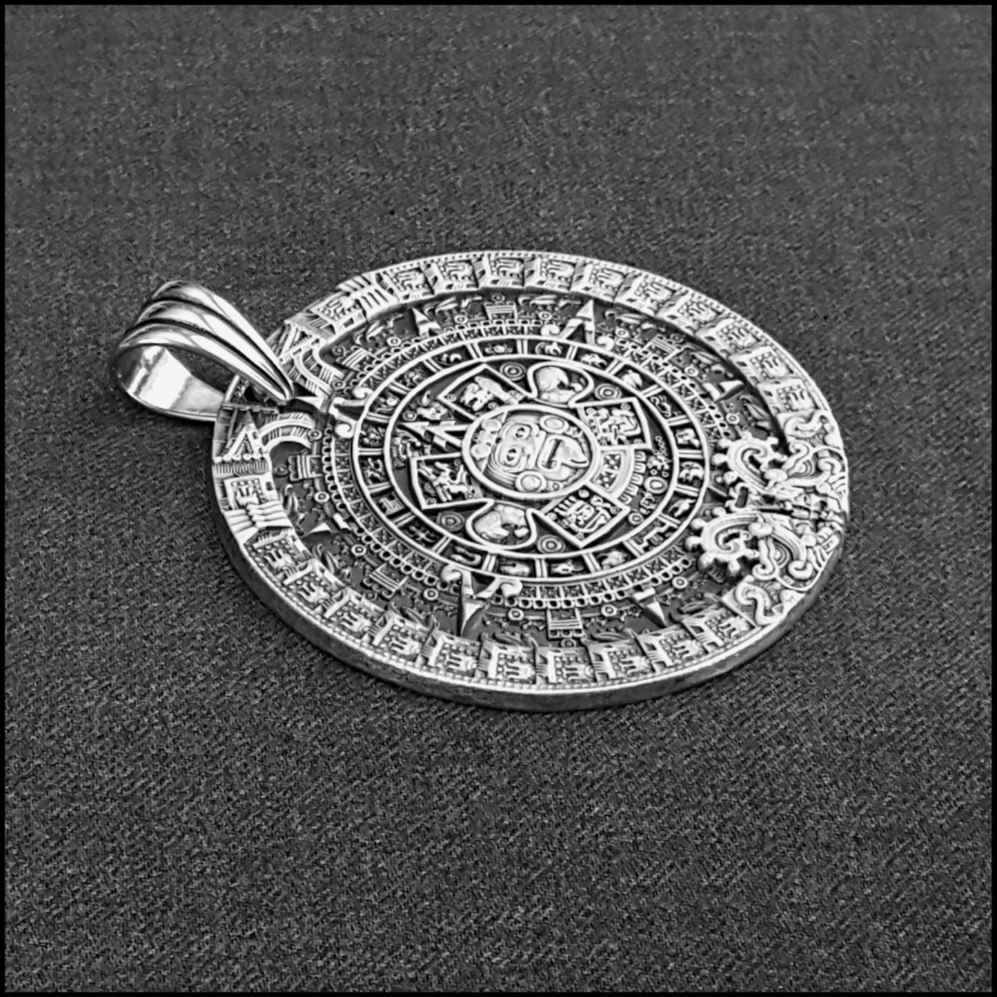 Large Heavy Silver Aztec Calendar Mayan Sun Charm Pendant
