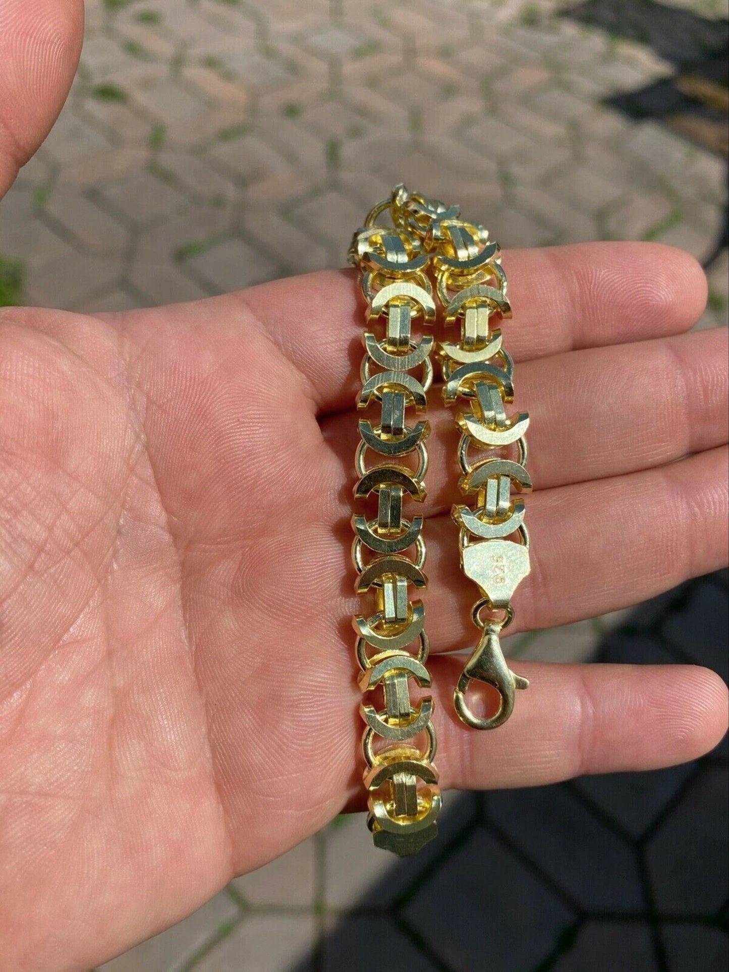 14k Gold Finish Men's Sterling Silver Byzantine Chain Bracelet