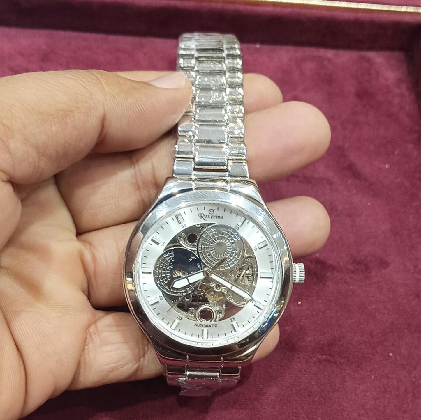 925 Sterling silver Automatic Men's Round Watch Unique Link Bracelet, Sterling Silver Watch Black Face, Vintage Watch, Working Watch