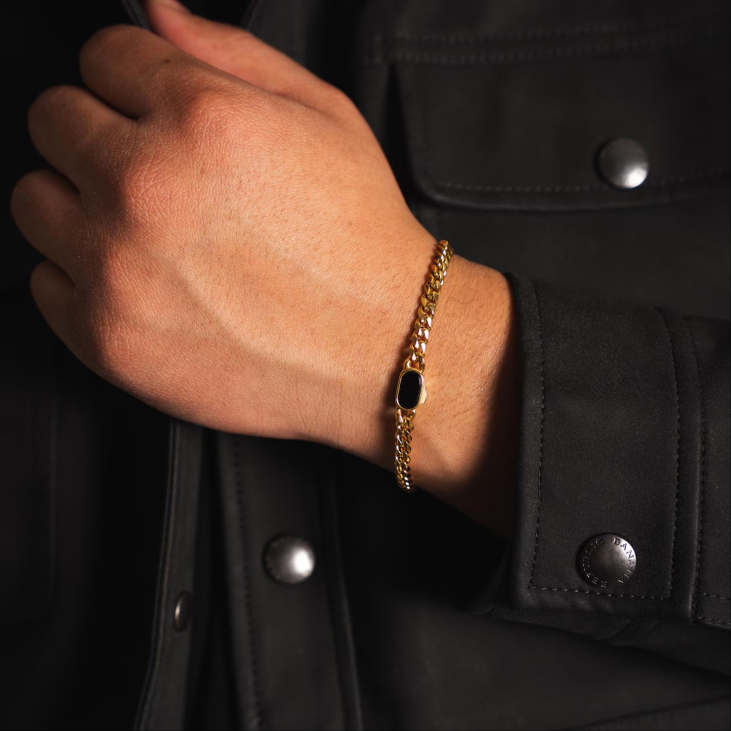 18K Gold Cuban Bracelet Chain - Black Onyx Gemstone