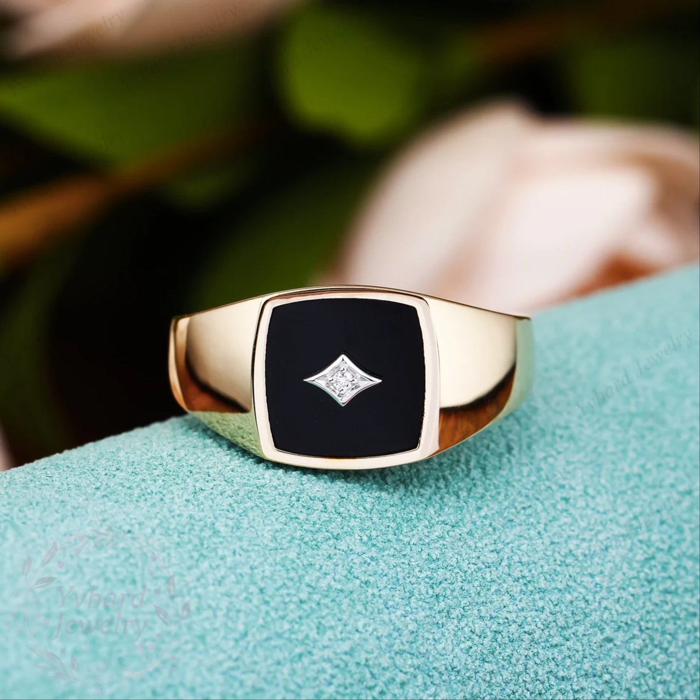 14K Two-Tone Gold Men's Black Onyx Ring Diamond