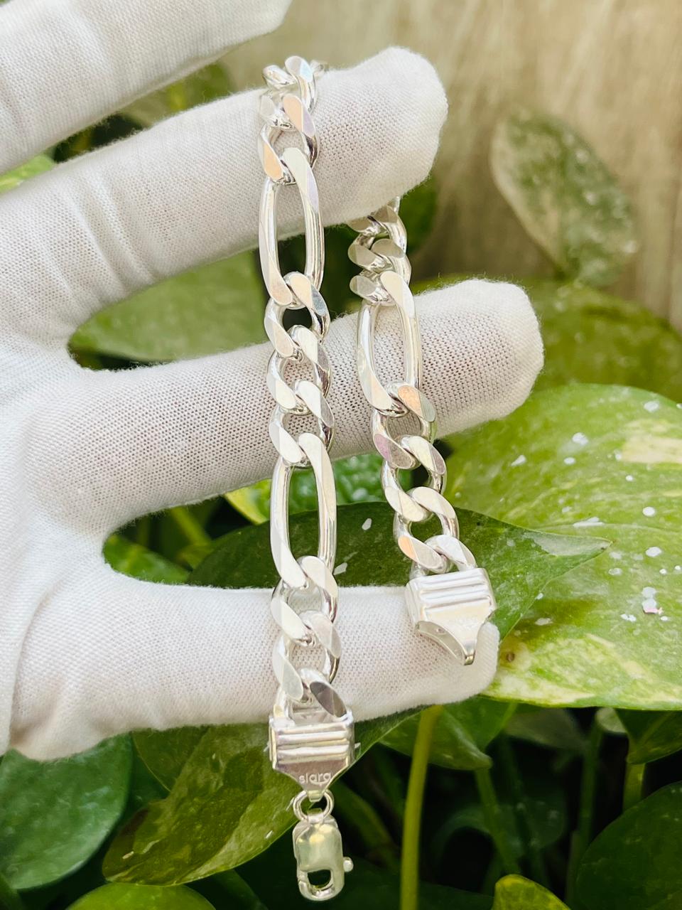 Silver Figaro Link Diamond Cut Bracelet