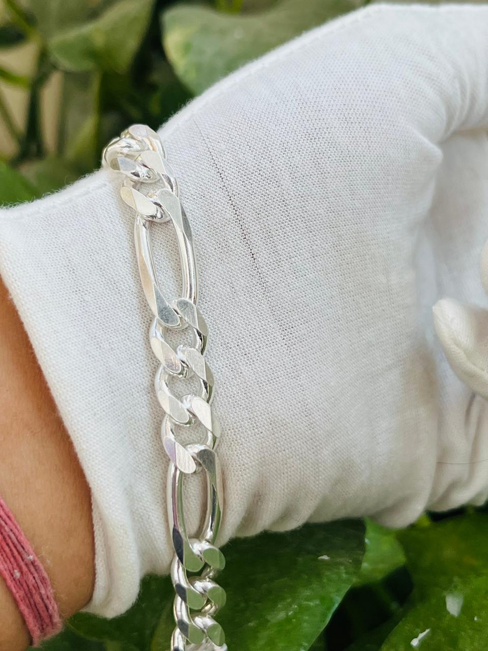 Silver Figaro Link Diamond Cut Bracelet
