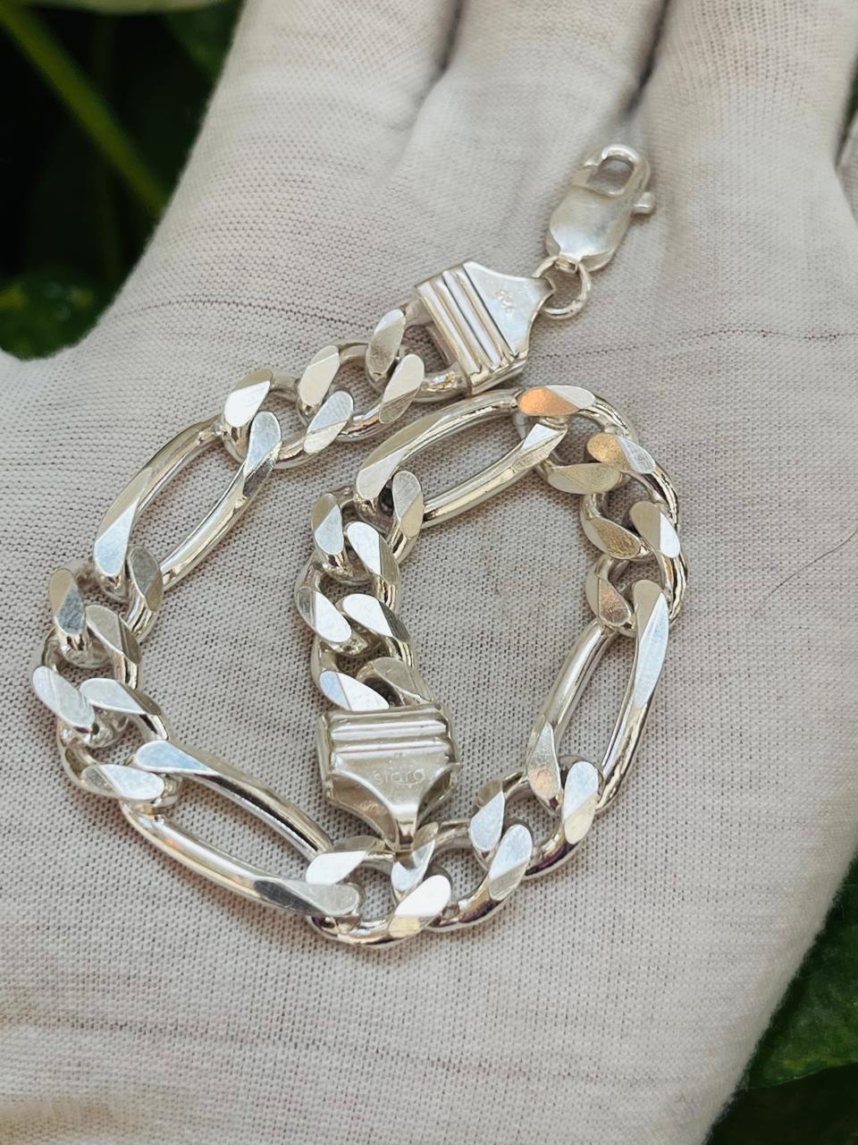 Silver Figaro Link Diamond Cut Bracelet