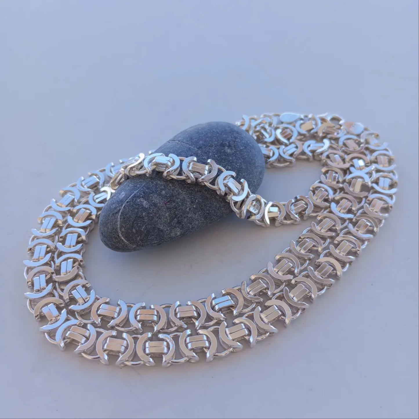 Mens Flat Byzantine Necklace Euro King Chain 925 Sterling Silver 13mm