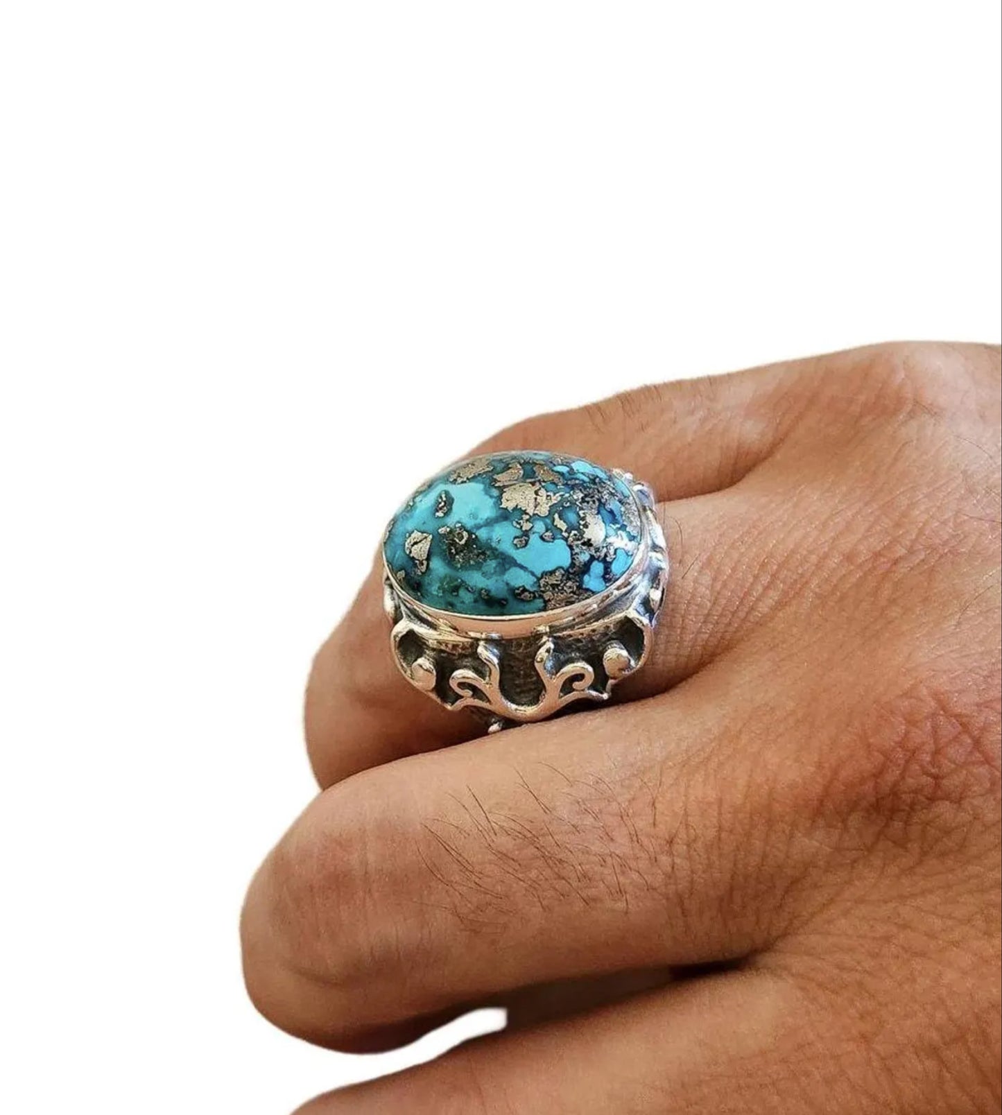 Handmade Turquoise Ring in 925 Sterling Silver - Forged Band,Oxidised Band - Textured Band