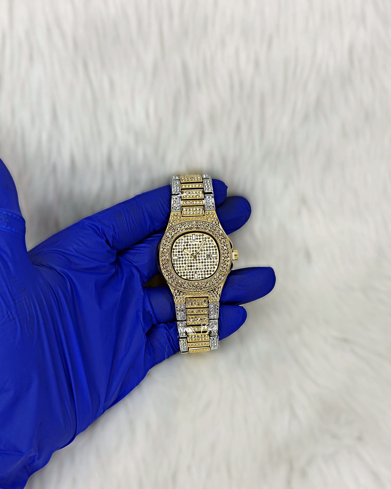 Men's 925 Silver Gold Finish Watch Iced-Out