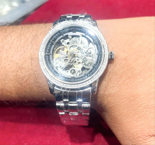 Pure Silver Automatic Men's Round Watch With Cubic Zirconia Unique Link Bracelet