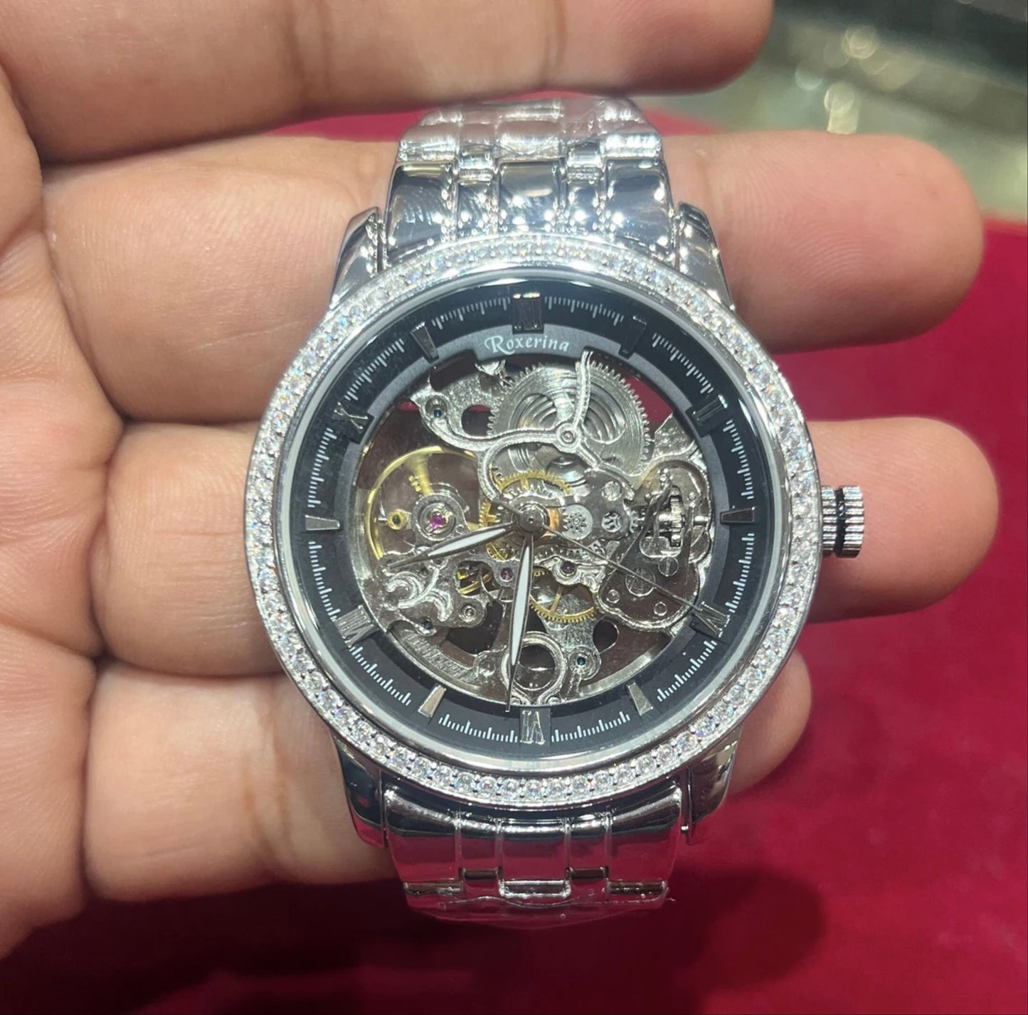 Silver Automatic Men's Round Watch With Cubic Zirconia Unique Link Bracelet