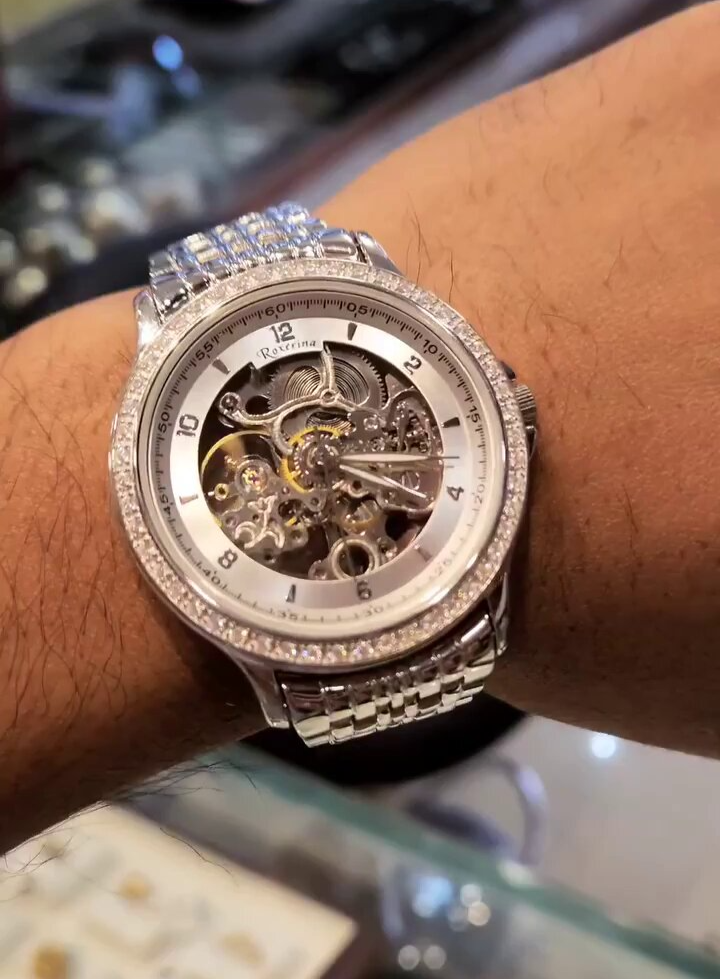 Pure Silver Automatic Men's Round Watch With Cubic Zirconia Unique Link Bracelet, Automatic Watch