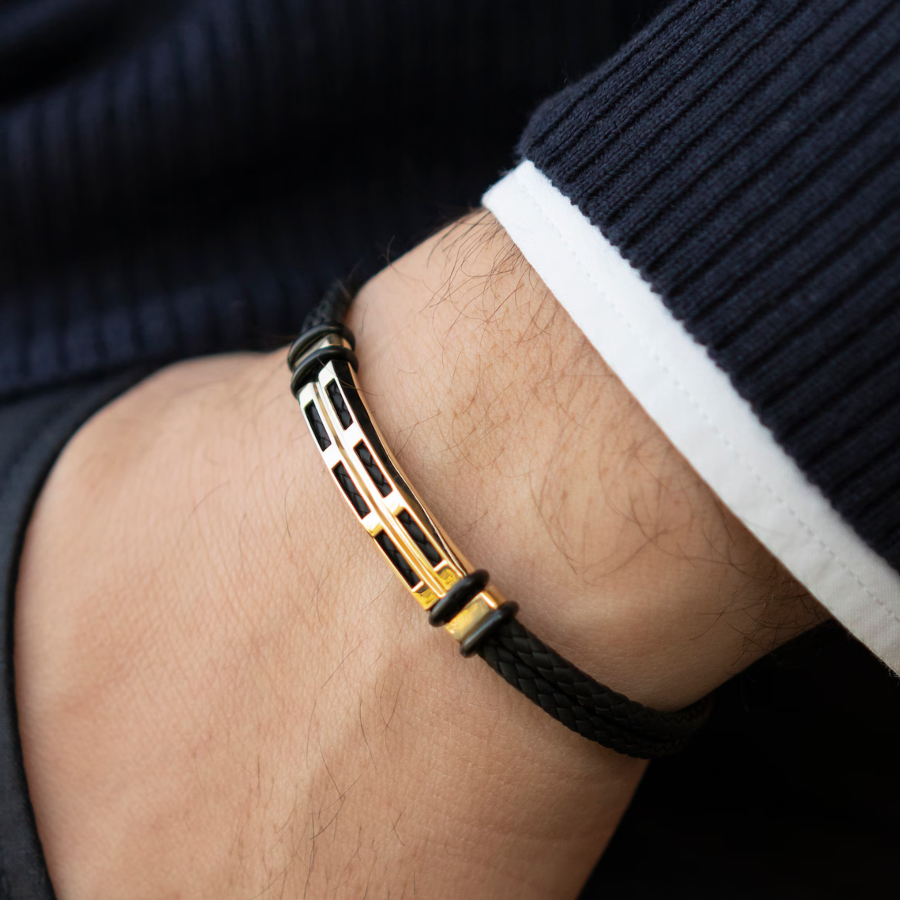 18K Real Gold Men's Gold Bracelet, Black Rope Men Bracelet for Daily Use, Yellow Solid Gold Men Jewelry-2