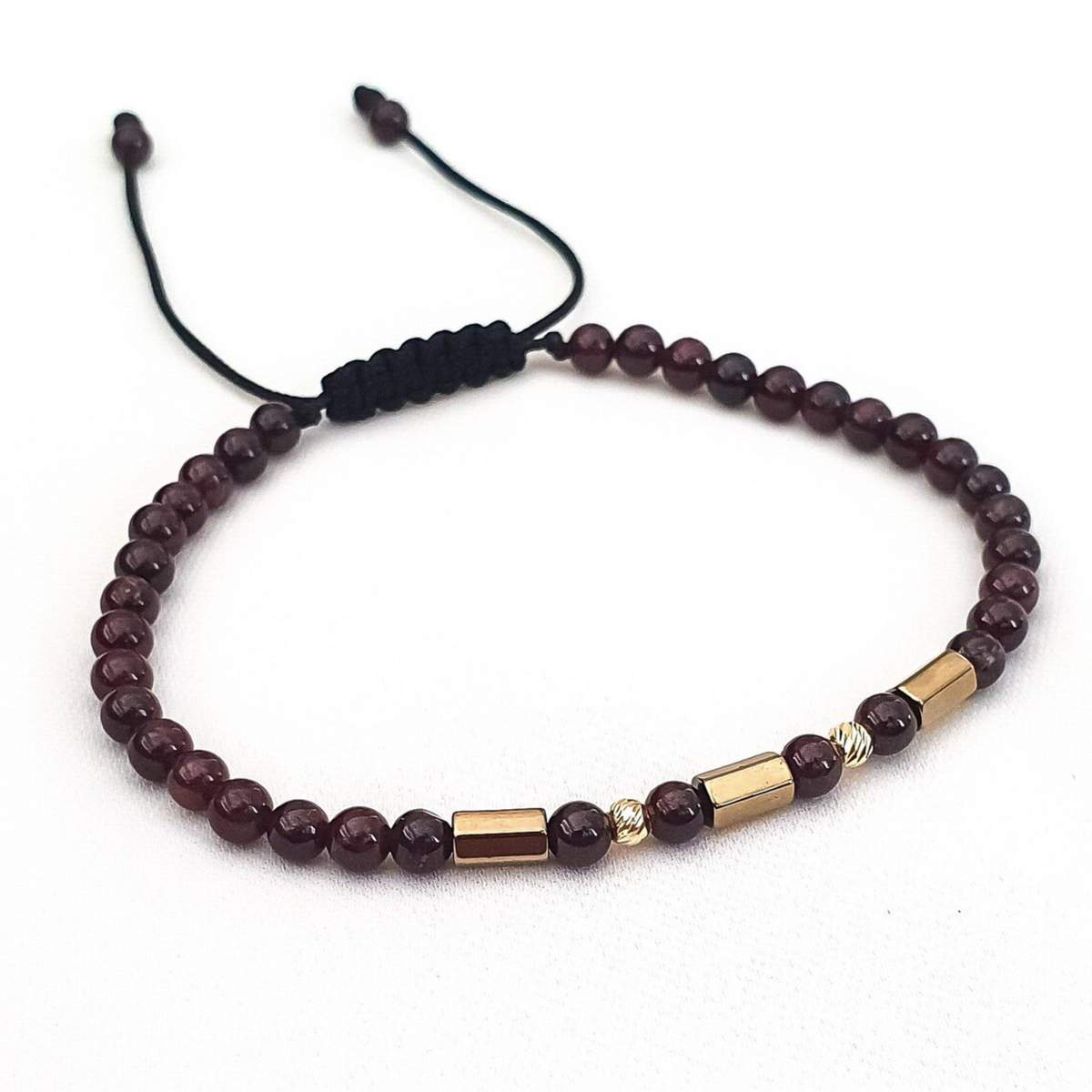 14k Solid Gold Beaded Garnet Birthstone Macrame Bracelet For Men