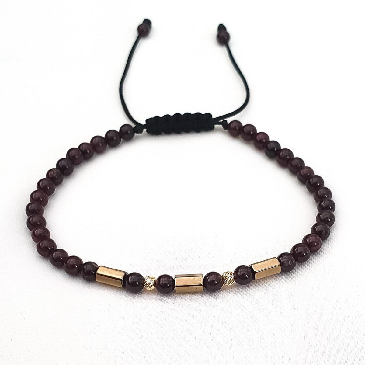 14k Solid Gold Beaded Garnet Birthstone Macrame Bracelet For Men