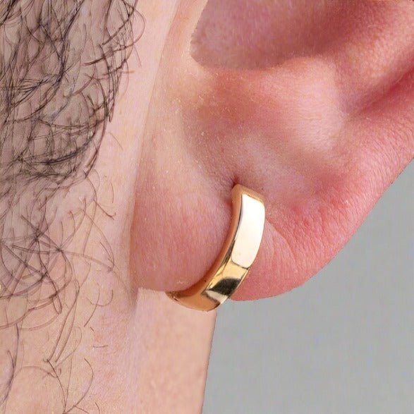 18k Gold Tiny Huggie Earrings for Men, Yellow Solid Gold Hoop Earrings 12mm - CUBAN