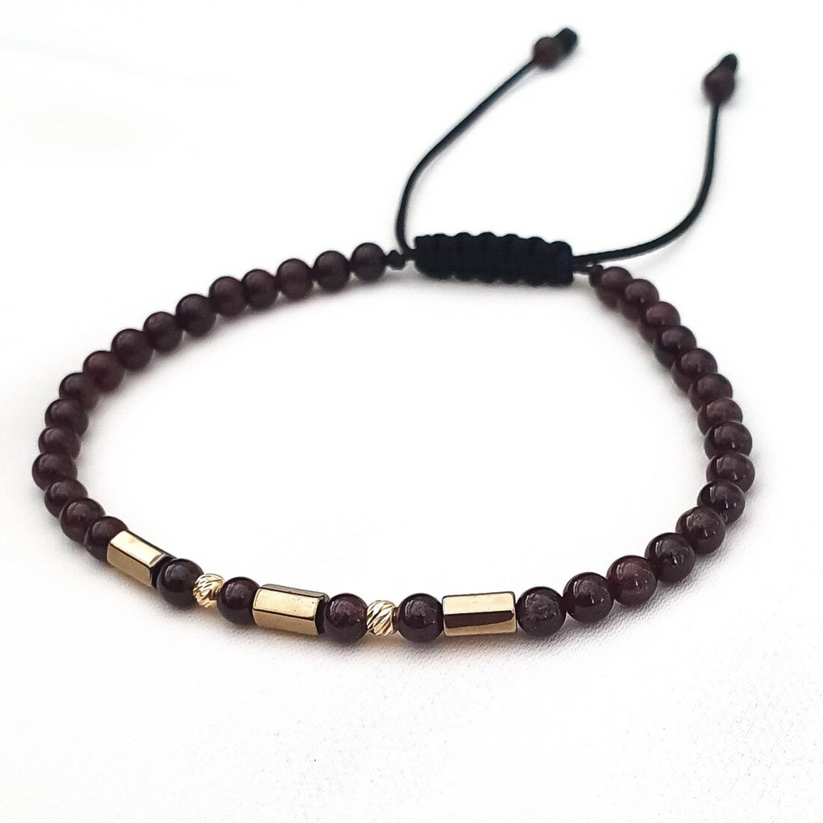 14k Solid Gold Beaded Garnet Birthstone Macrame Bracelet For Men
