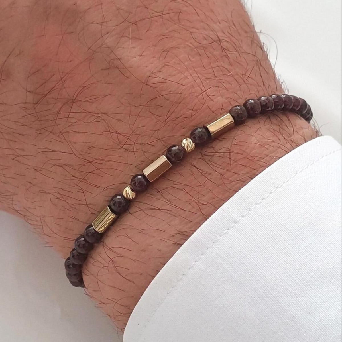 18k Solid Gold Beaded Garnet Birthstone Macrame Bracelet For Men