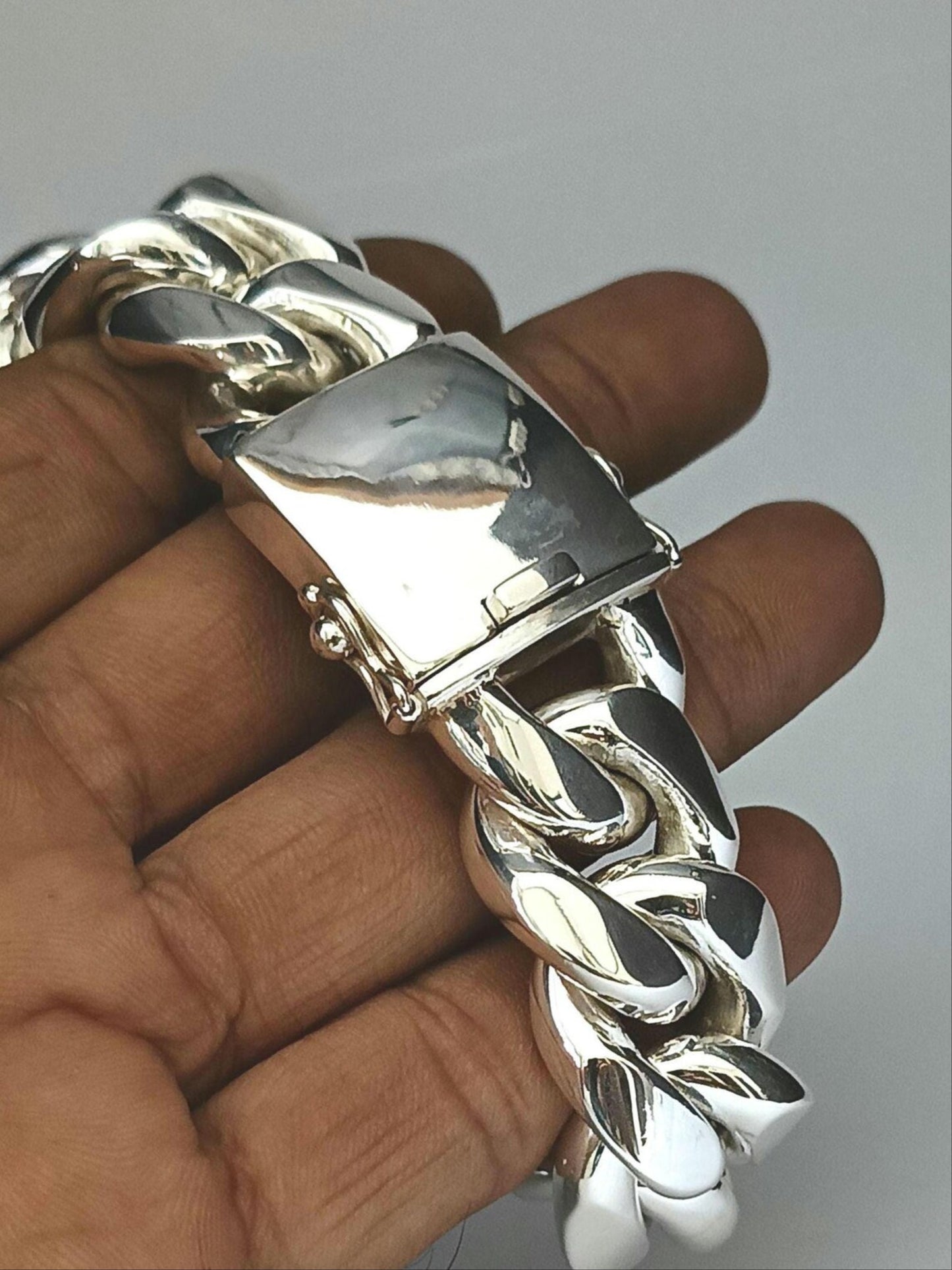 Heavy Curb Link 925 Silver Bracelet Men's 17mm