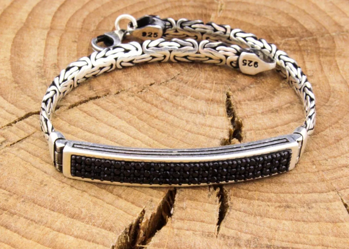 925 Sterling Silver Black CZ Stone Men's Bracelet - CUBAN