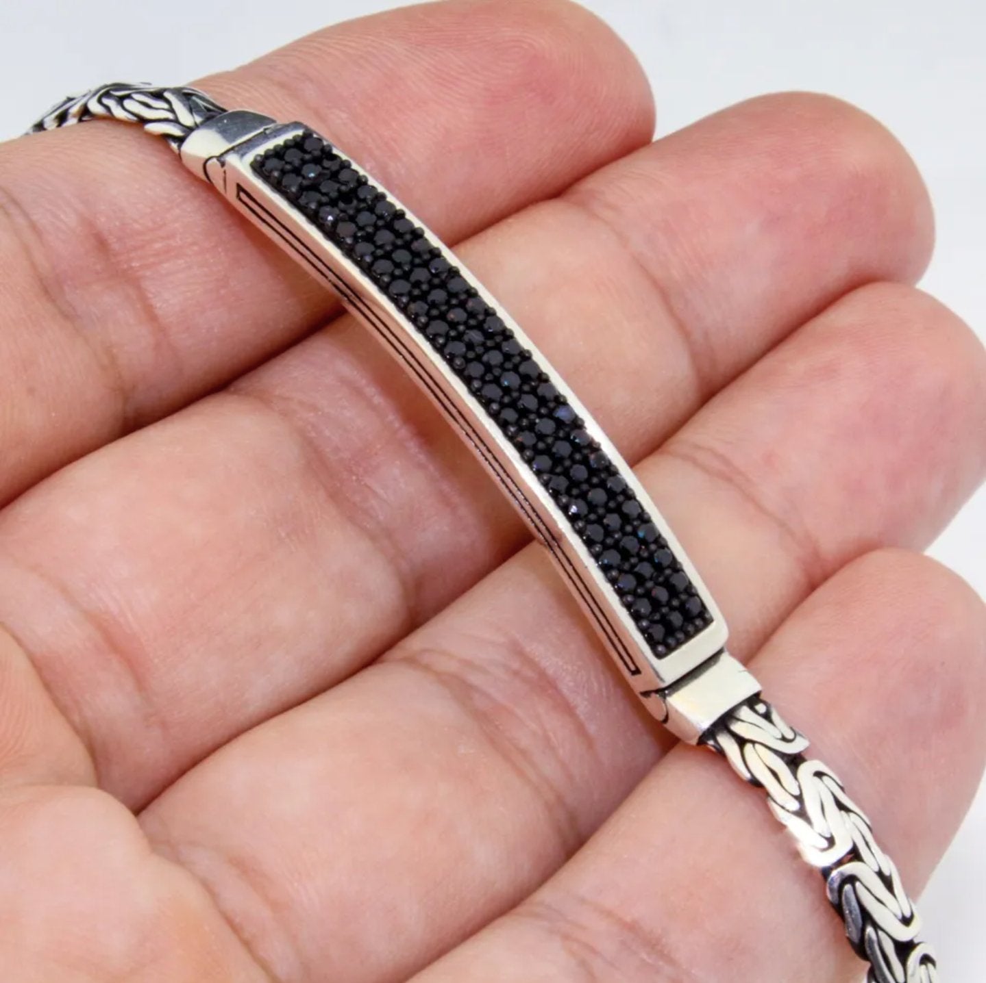 925 Sterling Silver Black CZ Stone Men's Bracelet - CUBAN