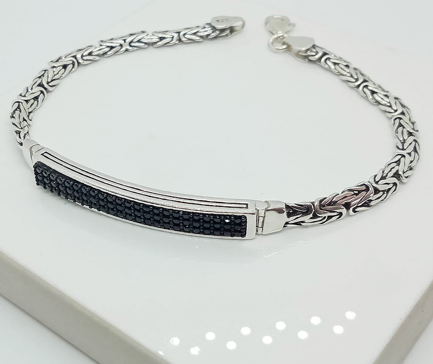 925 Sterling Silver Black CZ Stone Men's Bracelet - CUBAN