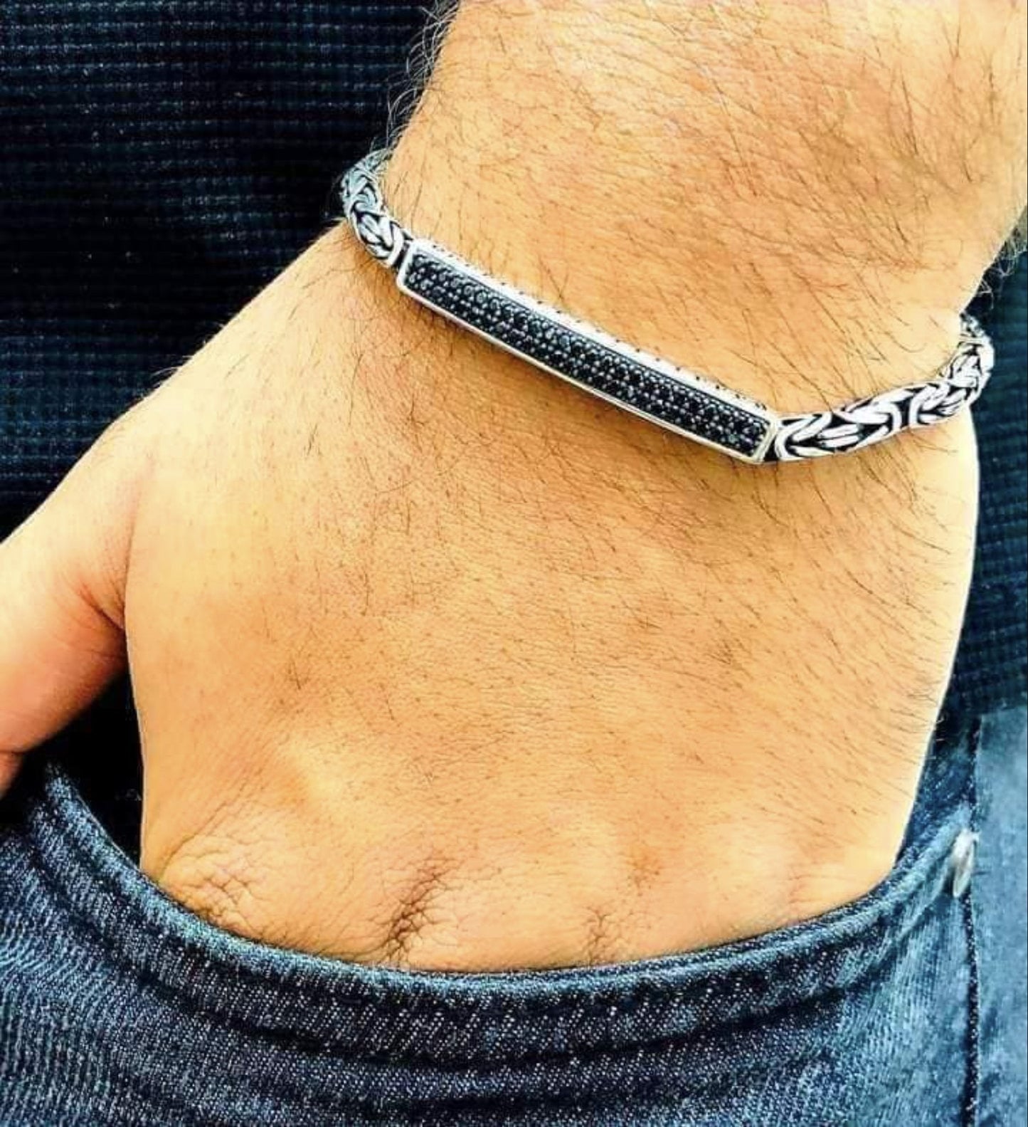 925 Sterling Silver Black CZ Stone Men's Bracelet - CUBAN