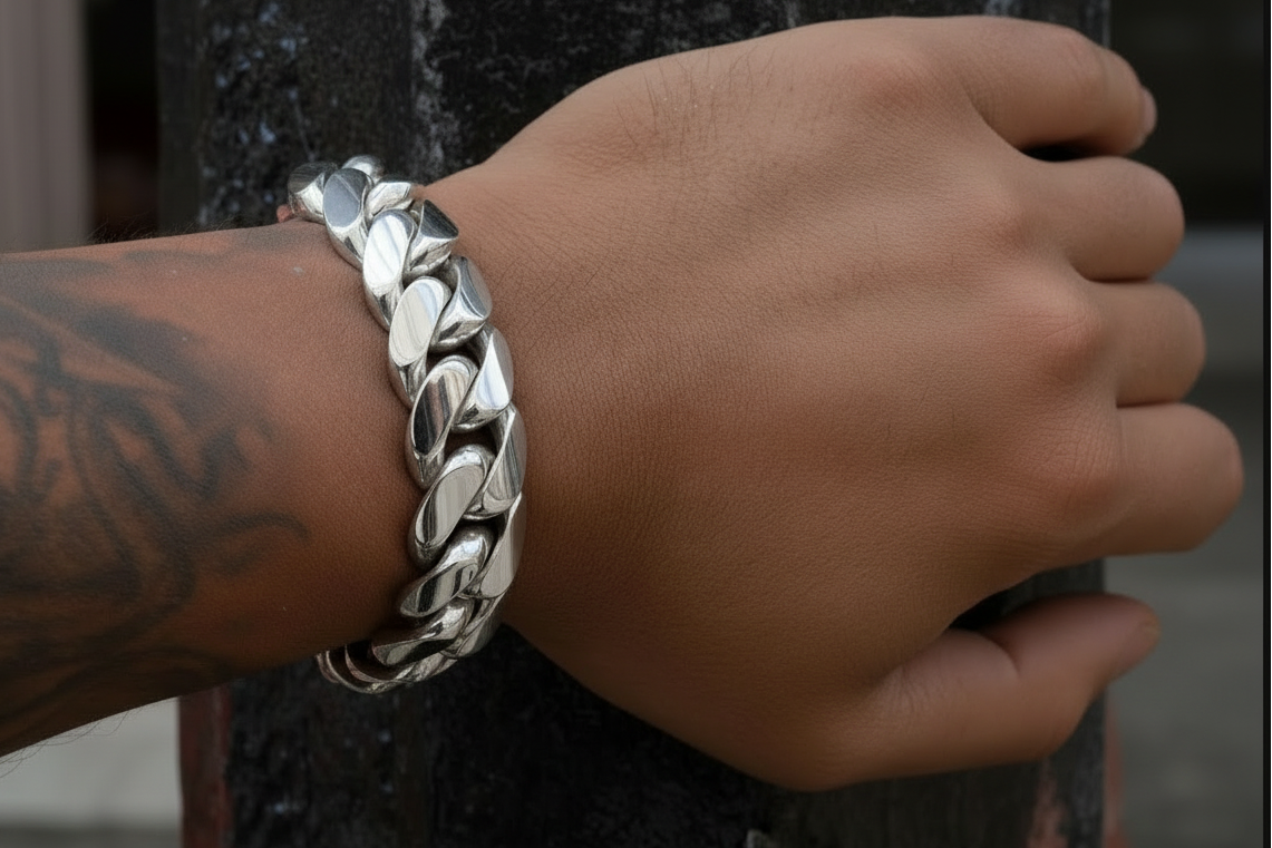 Heavy Silver Curb Link Bracelet Men's 15mm