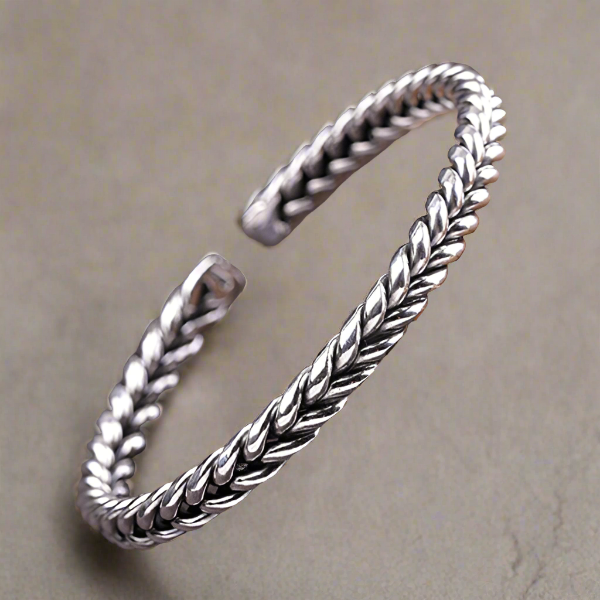 Silver Cuff Bracelet, 925 Sterling Silver Bangle Bracelets for Women Woven Wheat Jewelry Mens Cuff Bracelet