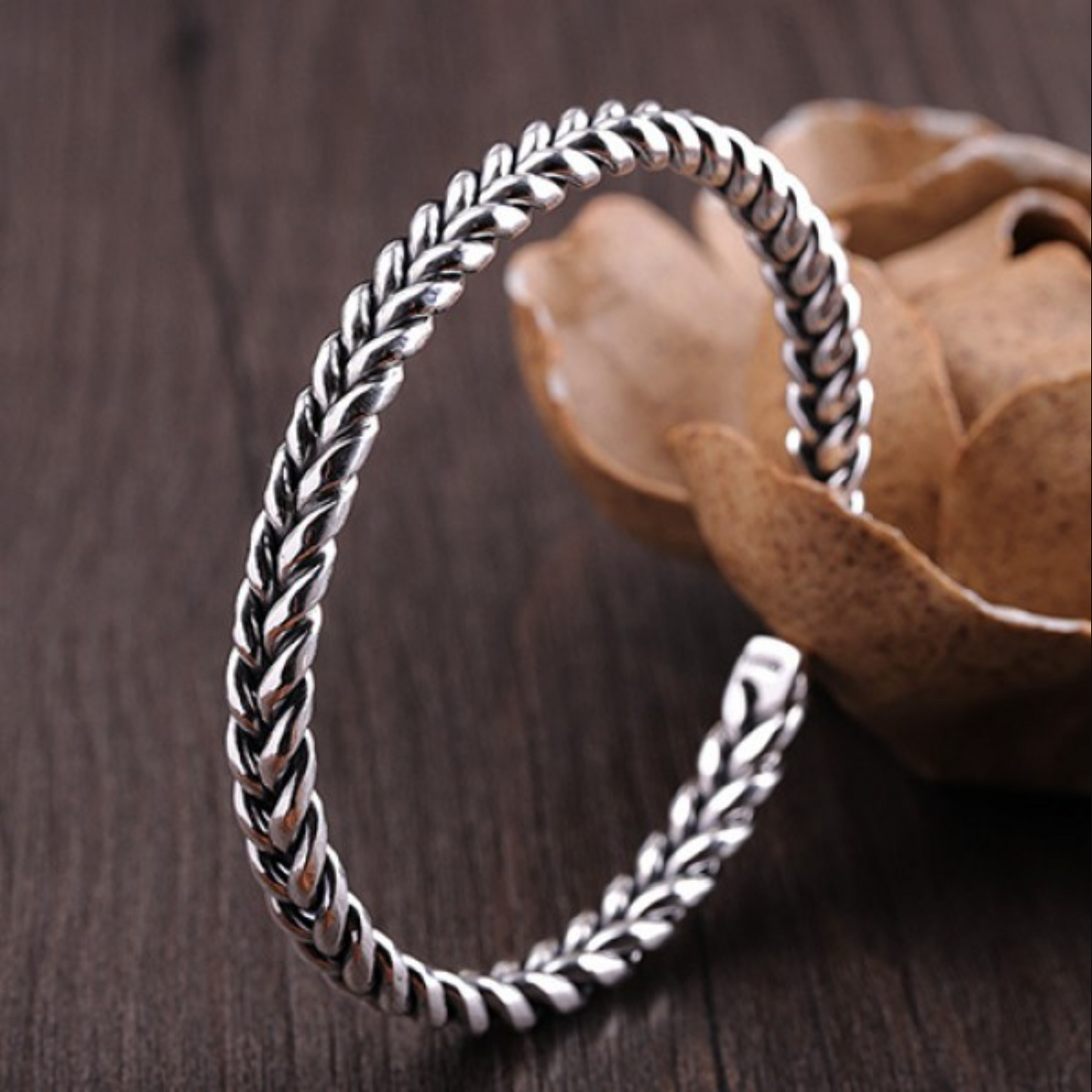 Silver Cuff Bracelet, 925 Sterling Silver Bangle Bracelets for Women Woven Wheat Jewelry Mens Cuff Bracelet