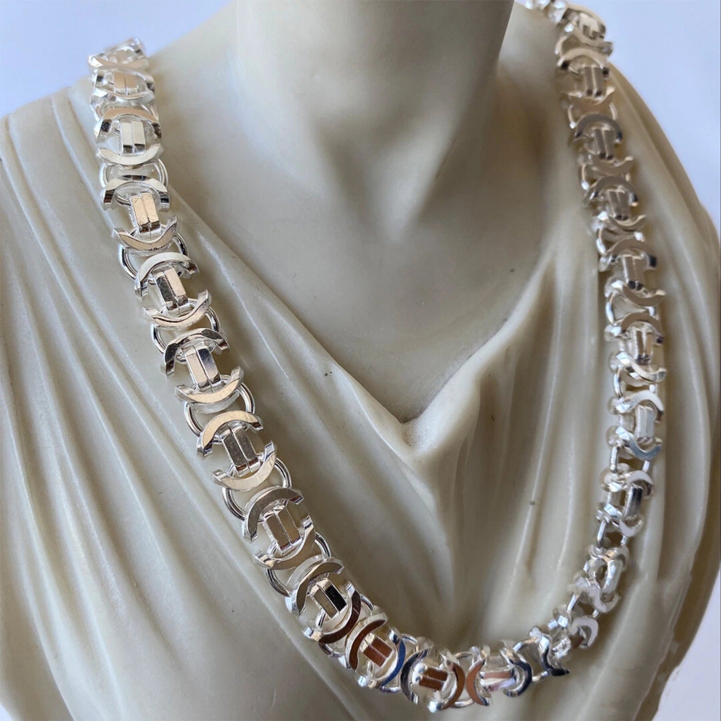 Real 925 Silver Byzantine Chain Necklace 12mm