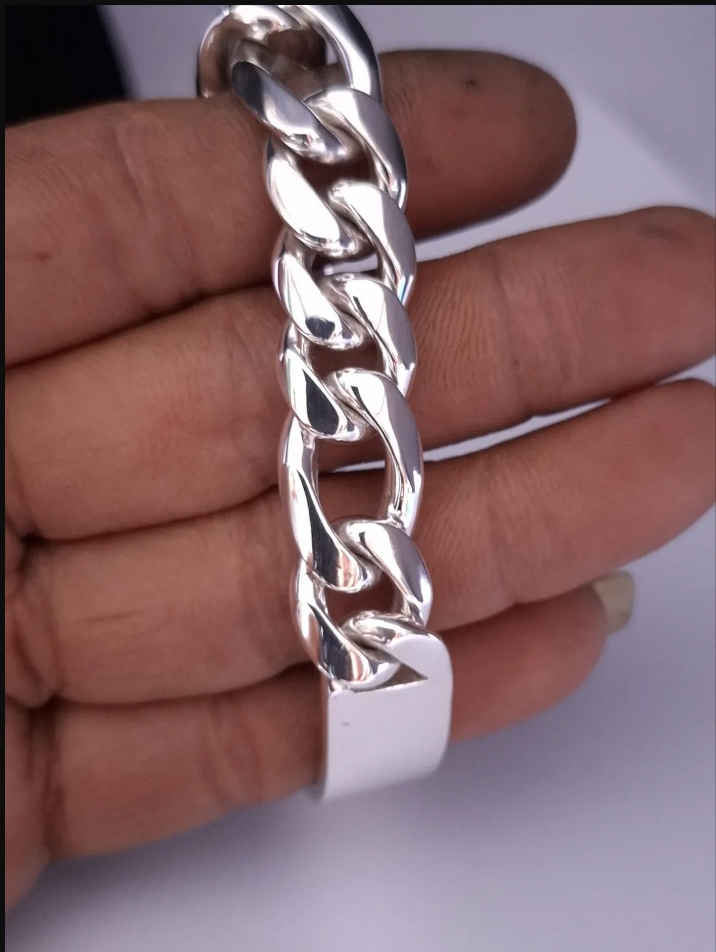 Heavy 925 Sterling Silver Figaro Link Chain ID Bracelet