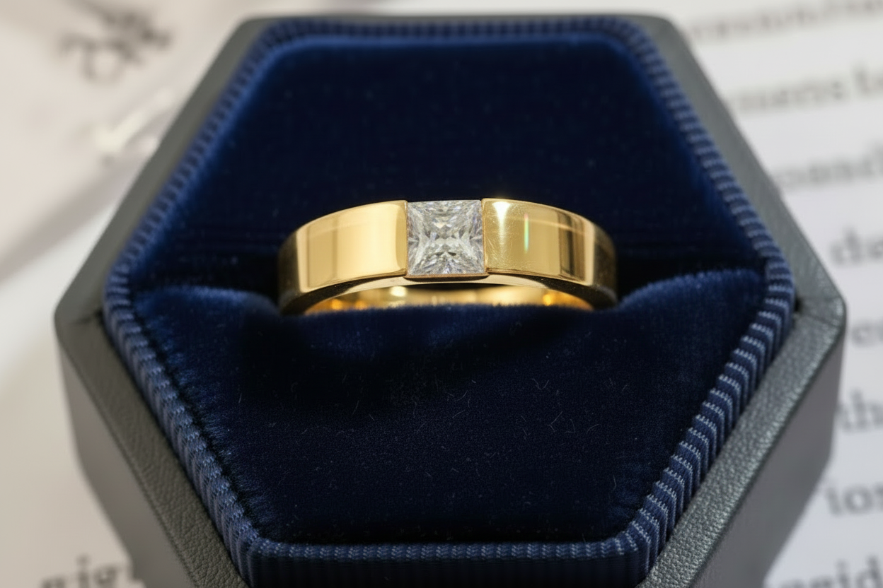 Hand wearing a gold ring with a diamond on a dark background