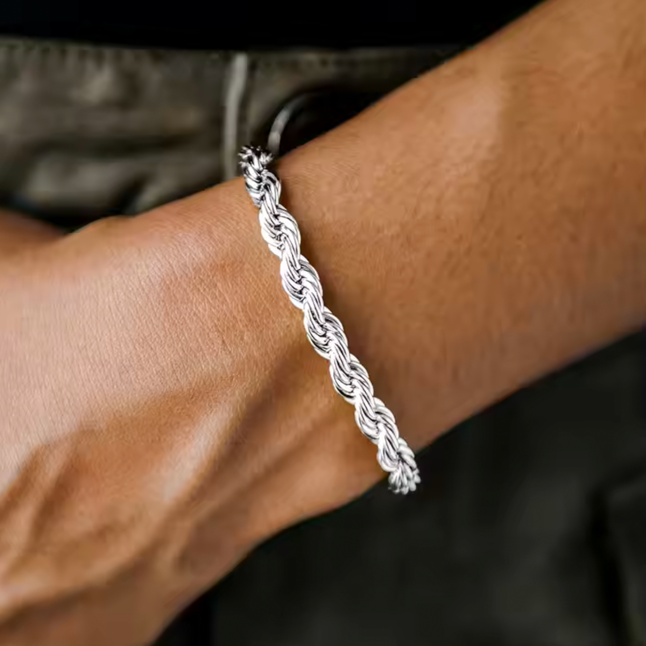 Silver Men Rope Chain Bracelet Oxidized Twisted - Birthday Gift for Him - Unisex Chain Bracelet 6mm -