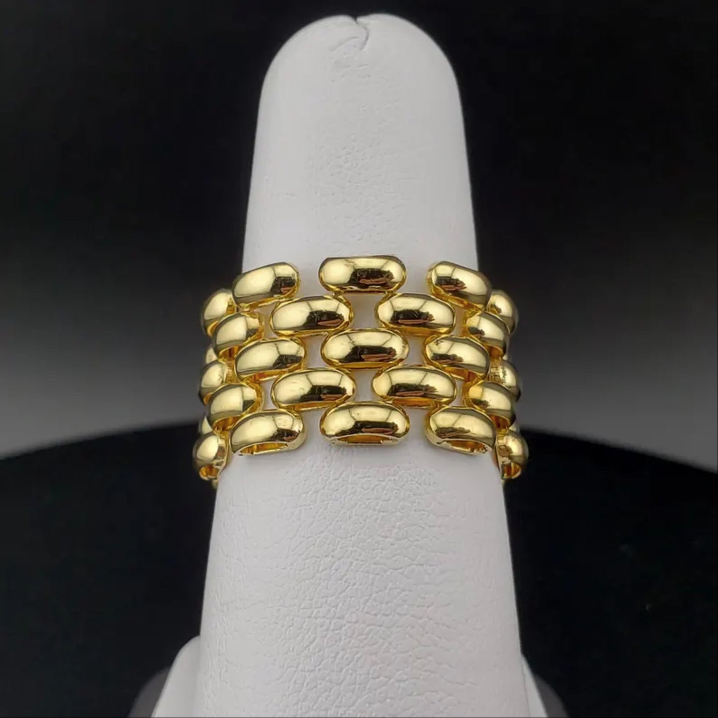 14k Yellow Gold 5-Row Flexible Panther Link Chain Band - Oval Bubble Link Chain Ring