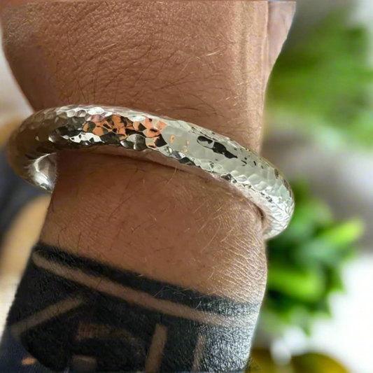 "Hammered Sterling Silver Bangle Bracelet – Minimalist Viking-Inspired Men's Jewelry"