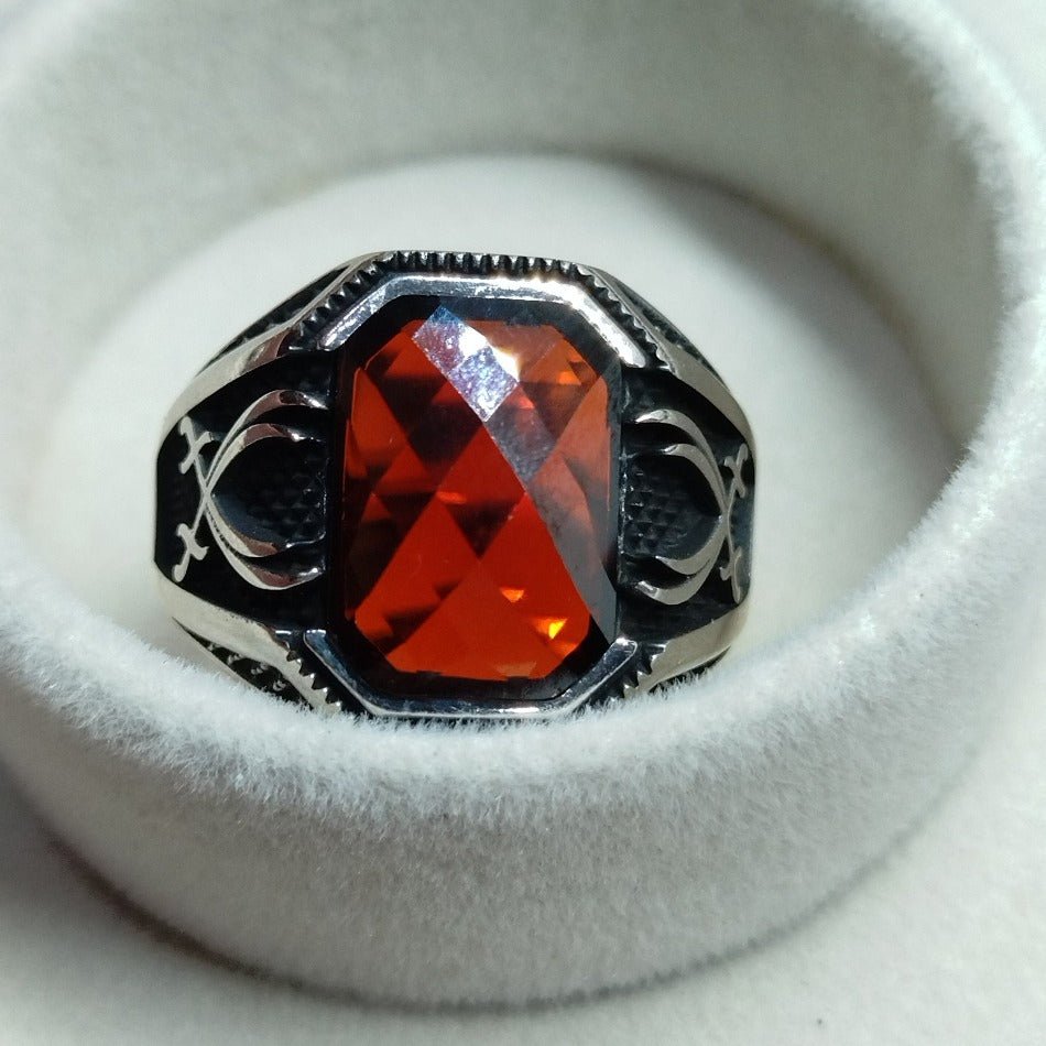 CUBAN Red Zircon Stone Silver Ring, Red Men Ring, Handmade Silver Ring, 925 Sterling Silver, Ottoman Style Ring, Gift for him, Mens Jewelry Silver - CUBAN